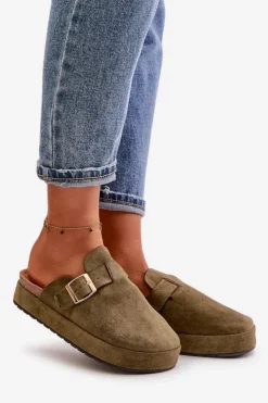 Best Boto Damskie Klapki Chodaki Na Platformie Ze Złotą Klamrą Ciemnozielone Terilaina