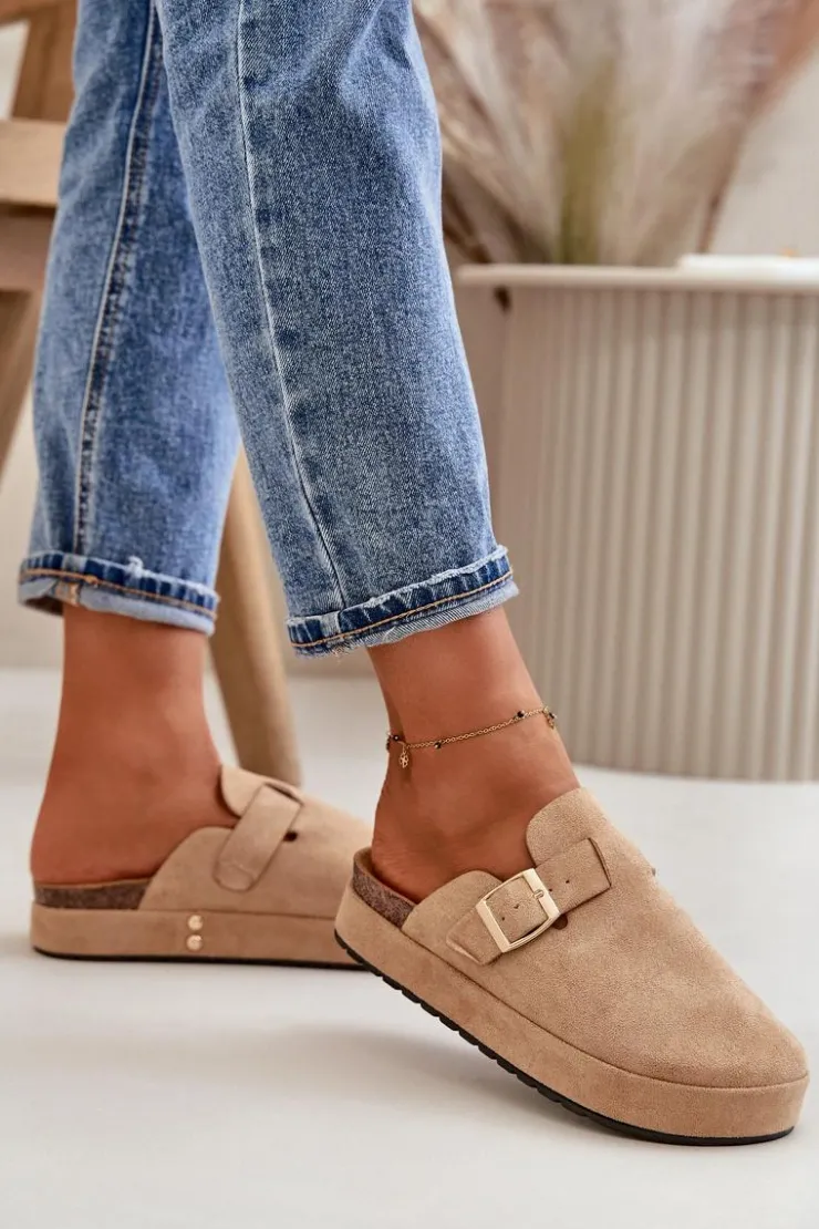 Damskie Boto Damskie Klapki Chodaki Na Platformie Ze Złotą Klamrą Ciemnobeżowe Terilaina