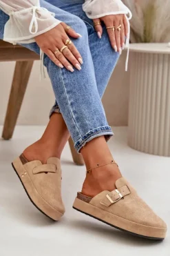 Damskie Boto Damskie Klapki Chodaki Na Platformie Ze Złotą Klamrą Ciemnobeżowe Terilaina