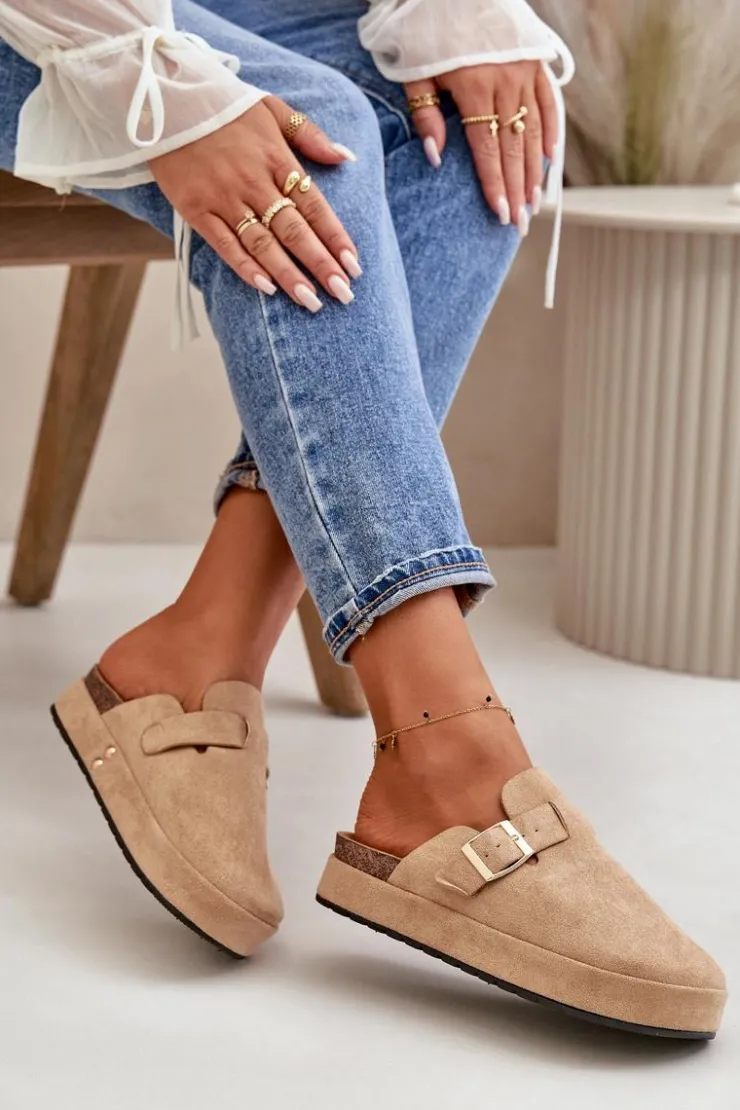 Damskie Boto Damskie Klapki Chodaki Na Platformie Ze Złotą Klamrą Ciemnobeżowe Terilaina