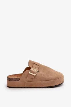 Damskie Boto Damskie Klapki Chodaki Na Platformie Ze Złotą Klamrą Ciemnobeżowe Terilaina