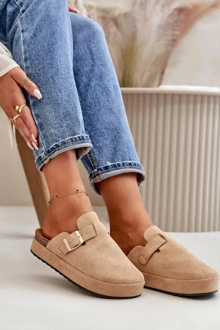 Damskie Boto Damskie Klapki Chodaki Na Platformie Ze Złotą Klamrą Ciemnobeżowe Terilaina