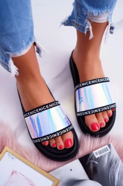 Boto Klapki Damskie Klasyczne*Damskie Klapki Czarne Opalizujące Nerdo