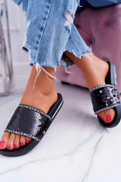 Boto Klapki Damskie Klasyczne*Damskie Klapki Czarne Opalizujące Nice