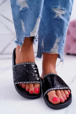 Boto Klapki Damskie Klasyczne*Damskie Klapki Czarne Opalizujące Nice