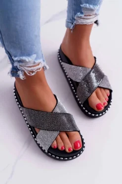 Online Boto Damskie Klapki Czarne z Kryształkami Belmondo