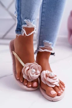 Boto Klapki Damskie Japonki*Damskie Klapki Japonki Beżowe Kwiat Brokat Elenda