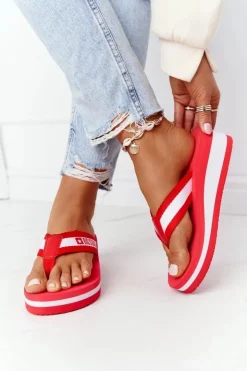 Best Big Star Shoes Damskie Klapki Japonki Na Koturnie Big Star HH274A095 Czerwone