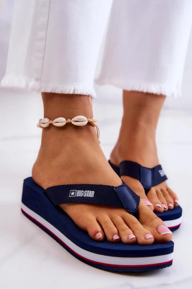 Big Star Shoes Damskie Klapki Japonki Na Koturnie Big Star JJ274A331 Granatowe Niebieski