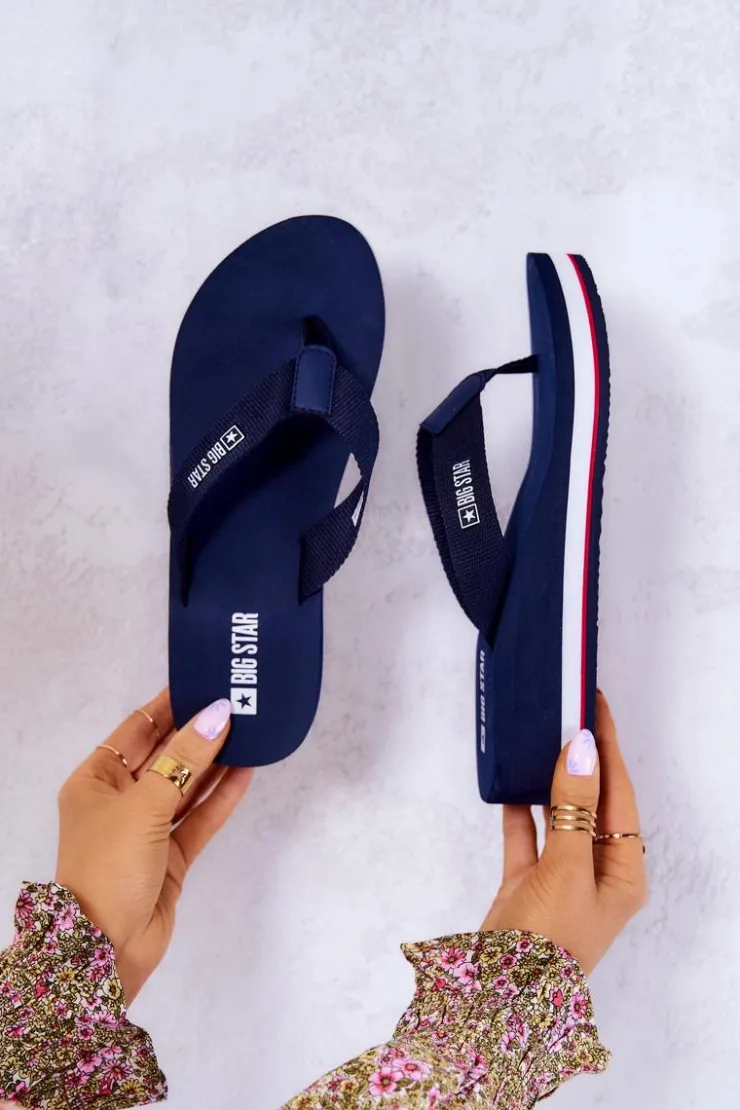 Big Star Shoes Damskie Klapki Japonki Na Koturnie Big Star JJ274A331 Granatowe Niebieski