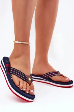 Hot Big Star Shoes Damskie Klapki Japonki Na Koturnie Big Star RR274A126 Granatowe