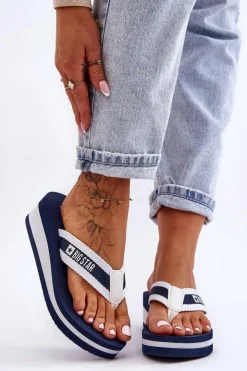 Big Star Shoes Klapki Na Koturnie|Klapki Na Obcasie*Damskie Klapki Japonki Na Koturnie Big Star HH274A094 Granatowe