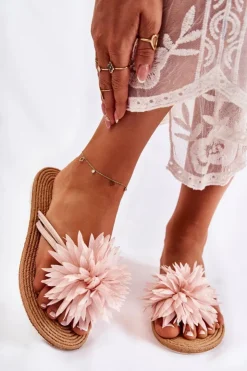 Best Boto Damskie Klapki Japonki Z Materiałową Ozdobą Jasnoróżowe Eviana