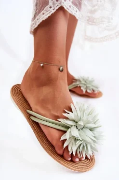 Damskie Boto Damskie Klapki Japonki Z Materiałową Ozdobą Zielone Eviana