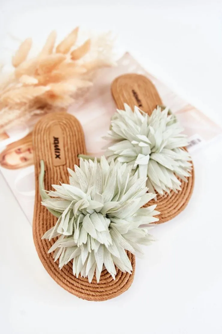 Damskie Boto Damskie Klapki Japonki Z Materiałową Ozdobą Zielone Eviana