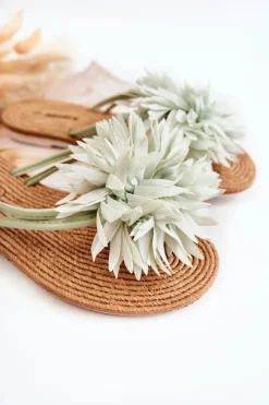 Damskie Boto Damskie Klapki Japonki Z Materiałową Ozdobą Zielone Eviana