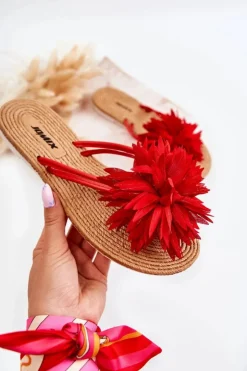 Damskie Boto Damskie Klapki Japonki Z Materiałową Ozdobą Czerwone Eviana