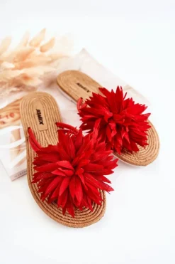 Damskie Boto Damskie Klapki Japonki Z Materiałową Ozdobą Czerwone Eviana