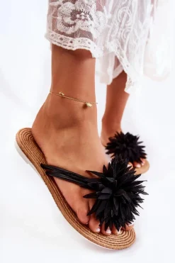 Boto Klapki Damskie Klasyczne*Damskie Klapki Japonki Z Materiałową Ozdobą Czarne Eviana