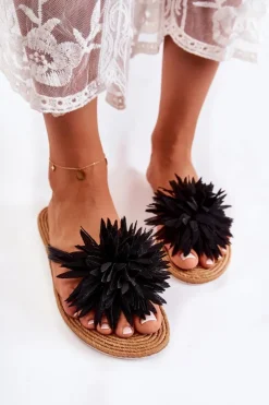 Boto Klapki Damskie Klasyczne*Damskie Klapki Japonki Z Materiałową Ozdobą Czarne Eviana