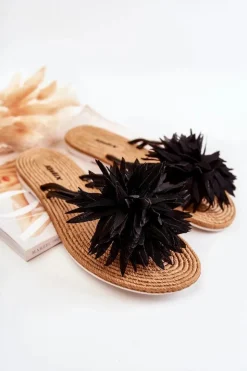 Boto Klapki Damskie Klasyczne*Damskie Klapki Japonki Z Materiałową Ozdobą Czarne Eviana