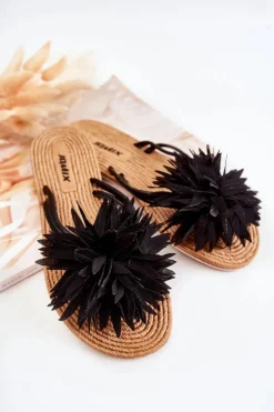 Boto Klapki Damskie Klasyczne*Damskie Klapki Japonki Z Materiałową Ozdobą Czarne Eviana