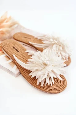 Boto Klapki Damskie Japonki*Damskie Klapki Japonki Z Materiałową Ozdobą Białe Eviana