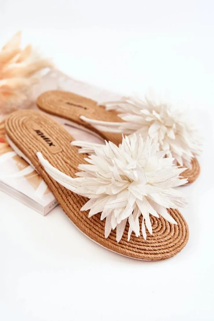 Boto Klapki Damskie Japonki*Damskie Klapki Japonki Z Materiałową Ozdobą Białe Eviana