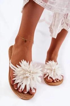 Boto Klapki Damskie Japonki*Damskie Klapki Japonki Z Materiałową Ozdobą Białe Eviana