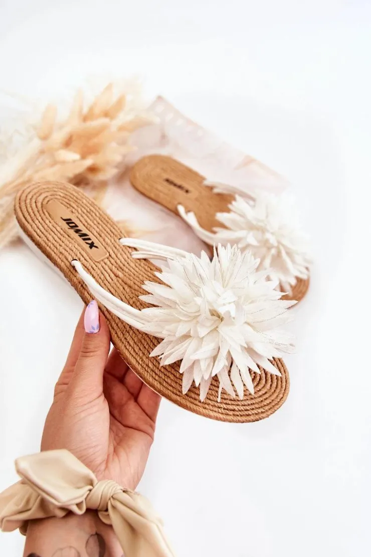 Boto Klapki Damskie Japonki*Damskie Klapki Japonki Z Materiałową Ozdobą Białe Eviana