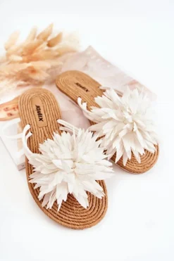 Boto Klapki Damskie Japonki*Damskie Klapki Japonki Z Materiałową Ozdobą Białe Eviana