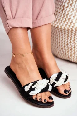 Hot Boto Damskie Klapki Lu Boo Czarne Perełki Plecionki Flora