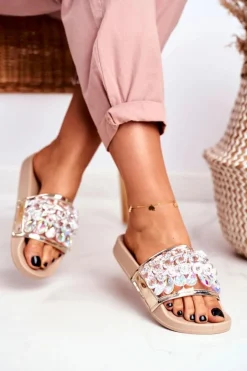 Boto Klapki Damskie Klasyczne*Damskie Klapki Lu Boo Kryształki Beżowe Bobbi