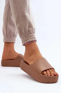 Boto Klapki Damskie Klasyczne*Damskie Klapki Na Grubej Podeszwie Brązowe Oreithano Brązowy