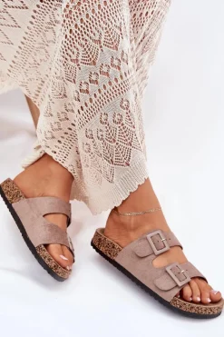 Damskie Boto Damskie Klapki Na Korkowej Platformie Z Klamrami Ciemnobeżowe Aviora