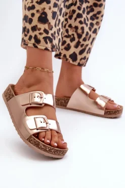 Discount Boto Damskie Klapki Na Korkowej Platformie Z Klamrami Różowe Złoto Klinesta