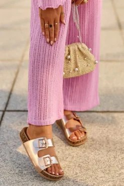 Discount Boto Damskie Klapki Na Korkowej Platformie Z Klamrami Różowe Złoto Klinesta