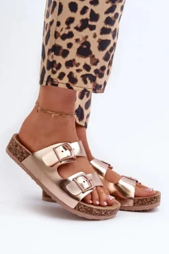 Discount Boto Damskie Klapki Na Korkowej Platformie Z Klamrami Różowe Złoto Klinesta