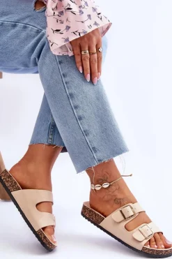 Damskie Boto Damskie Klapki Na Korkowej Platformie Z Paskami Beżowe Doretta