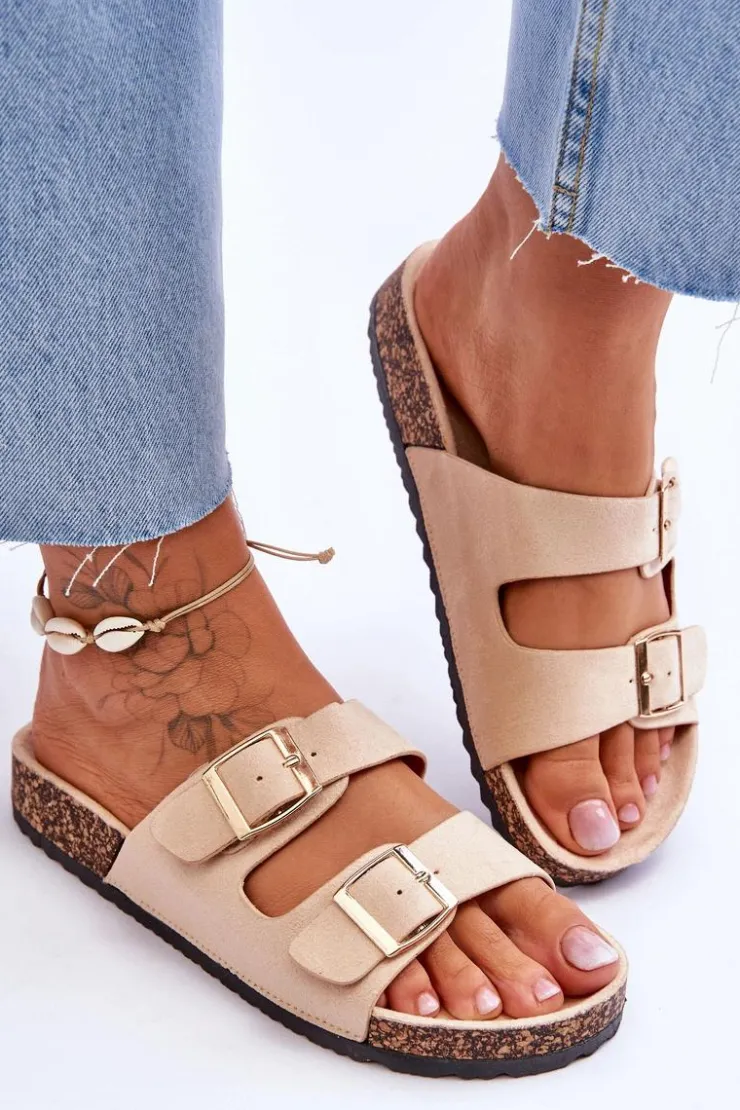 Damskie Boto Damskie Klapki Na Korkowej Platformie Z Paskami Beżowe Doretta