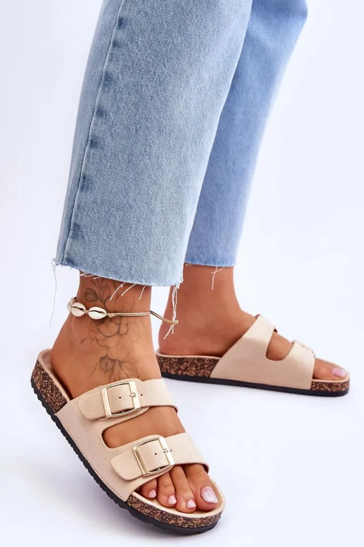 Damskie Boto Damskie Klapki Na Korkowej Platformie Z Paskami Beżowe Doretta