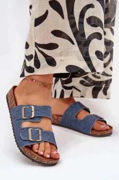 Damskie Evento Damskie Klapki Na Korkowej Platformie Z Klamrami Ciemny Jeans Vesina