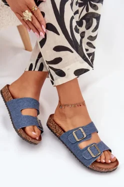 Damskie Evento Damskie Klapki Na Korkowej Platformie Z Klamrami Ciemny Jeans Vesina