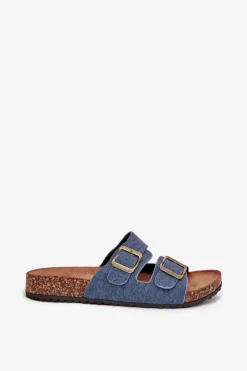 Damskie Evento Damskie Klapki Na Korkowej Platformie Z Klamrami Ciemny Jeans Vesina