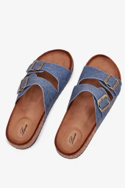 Damskie Evento Damskie Klapki Na Korkowej Platformie Z Klamrami Ciemny Jeans Vesina