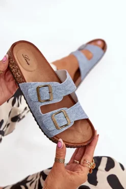 Evento Klapki Korkowe|Klapki Na Platformie*Damskie Klapki Na Korkowej Platformie Z Klamrami Jasny Jeans Vesina Niebieski