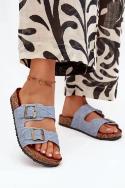 Evento Klapki Korkowe|Klapki Na Platformie*Damskie Klapki Na Korkowej Platformie Z Klamrami Jasny Jeans Vesina Niebieski