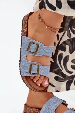 Evento Klapki Korkowe|Klapki Na Platformie*Damskie Klapki Na Korkowej Platformie Z Klamrami Jasny Jeans Vesina Niebieski