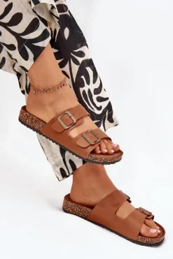 Damskie Evento Damskie Klapki Na Korkowej Platformie Z Klamrami Camel Vesina