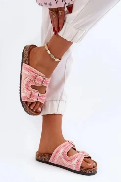 Clearance Boto Damskie Klapki Na Korkowej Podeszwie Różowe Fannea